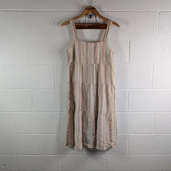 Madewell Dress Womens 4 White Ivory Rainbow Stripe Tiered Button Back Midi - Picture 7 of 7
